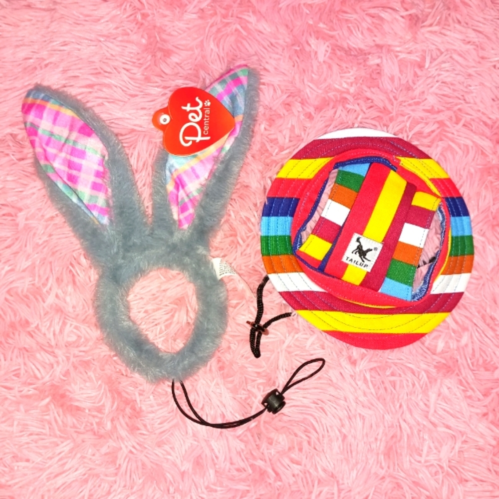 2 PETS' HATS: Princess Pet Cap Round Brim Dog Visor + Bunny Headband, Size M